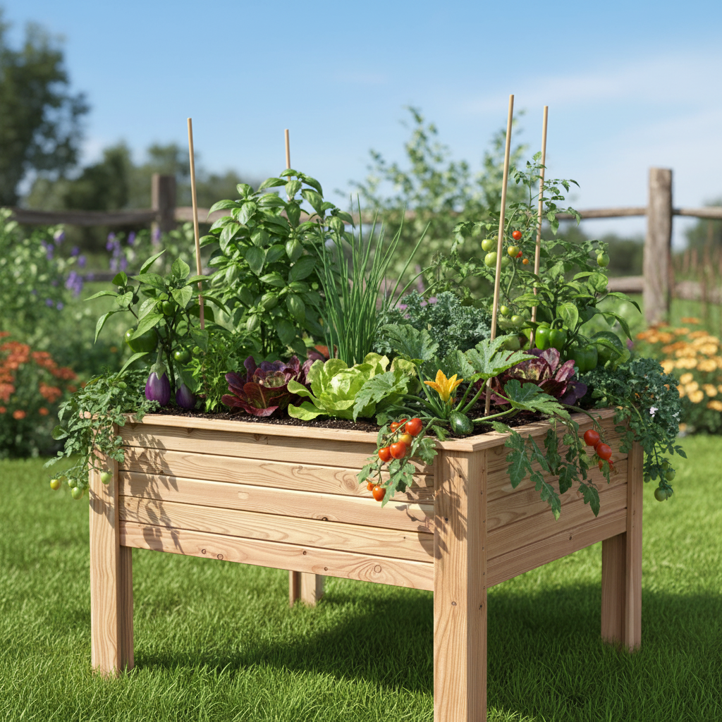 Ein bepflanztes Hochbeet aus Lärche